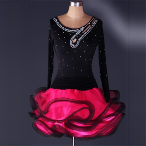 Black red fuchsia patchwork turquoise rhinestones competition long sleeves performance latin salsa ballroom dance dresses